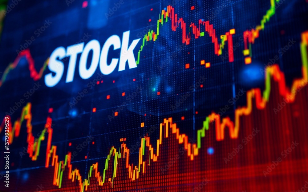 Aufkleber A visual depiction of market fluctuations and financial performance is shown on a screen. The image demonstrates financial volatility, featuring rising and falling trends on a colorful chart.
