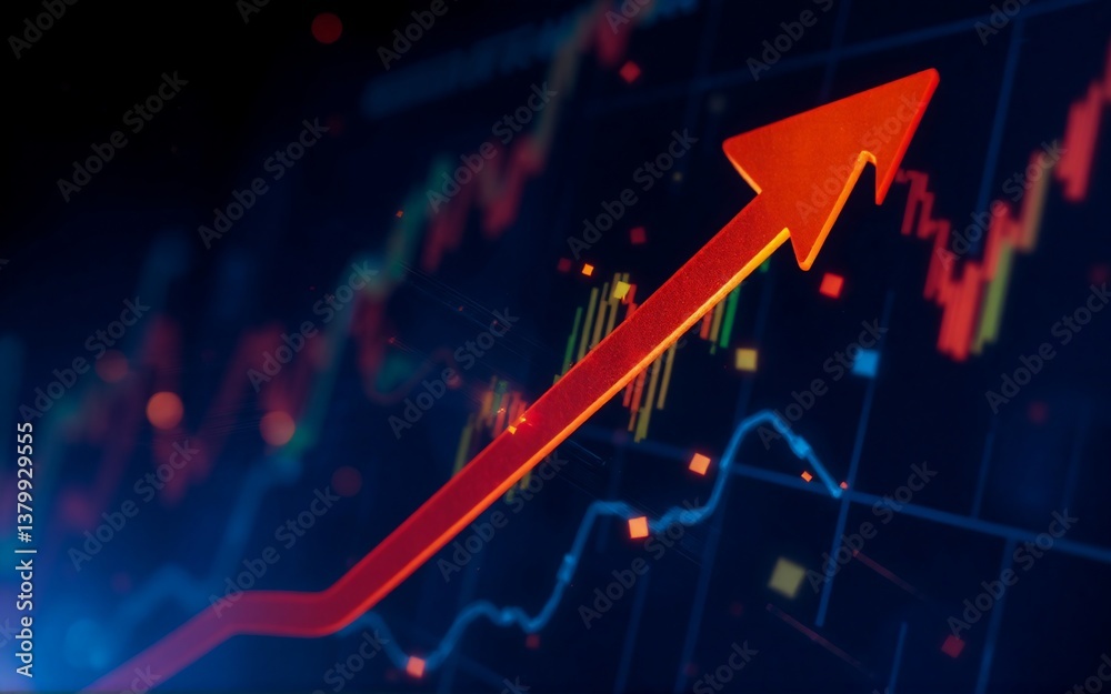 Poster Here's a description and keywords based on the image, following all instructions.

An upward-pointing arrow superimposed on a fluctuating chart, suggesting growth and progress. The background colors c