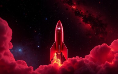 Obraz premium A red rocket ascends through vibrant red clouds, its engine ablaze, against a dark, star-speckled space. Hints of celestial bodies surround. The rocket symbolizes adventure.