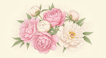 Bunch of Peony Flowers Hand Drawn Illustration