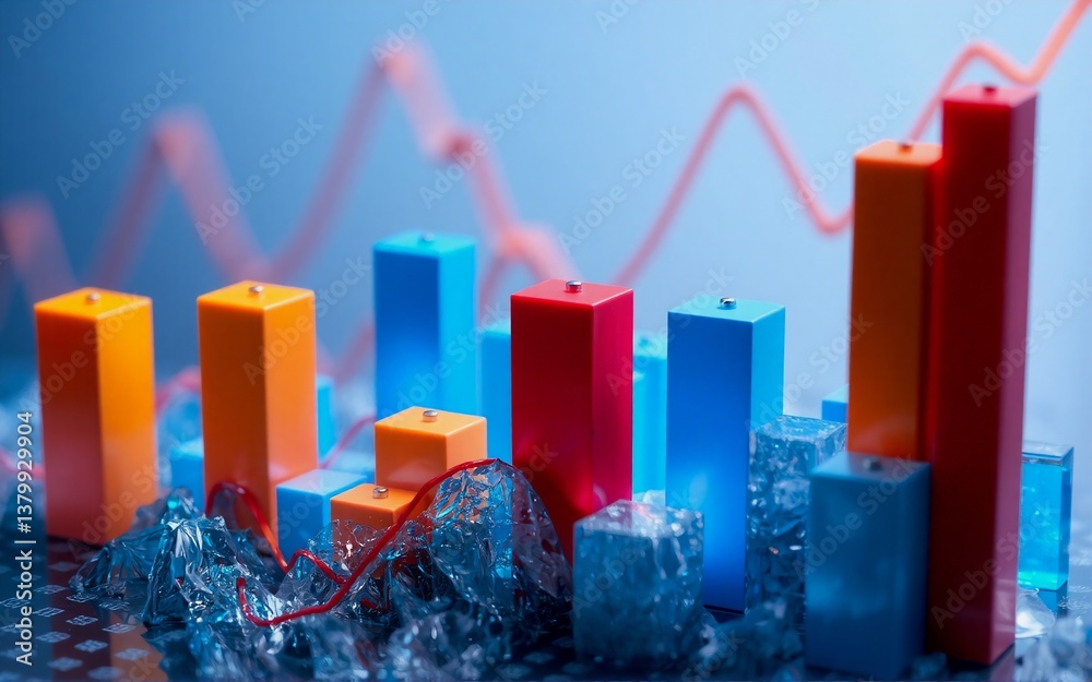 Aufkleber The image features a colorful 3D bar graph with a fluctuating red line. The bars show a rise and fall in the data trends with a complex icy foreground. The composition conveys concept analysis.