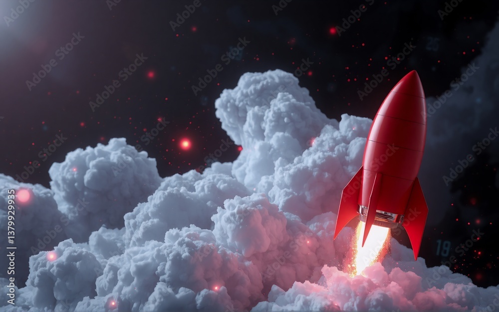 Poster a vibrant red rocket blasting off through dense white clouds, illuminated by fiery jets and a starry