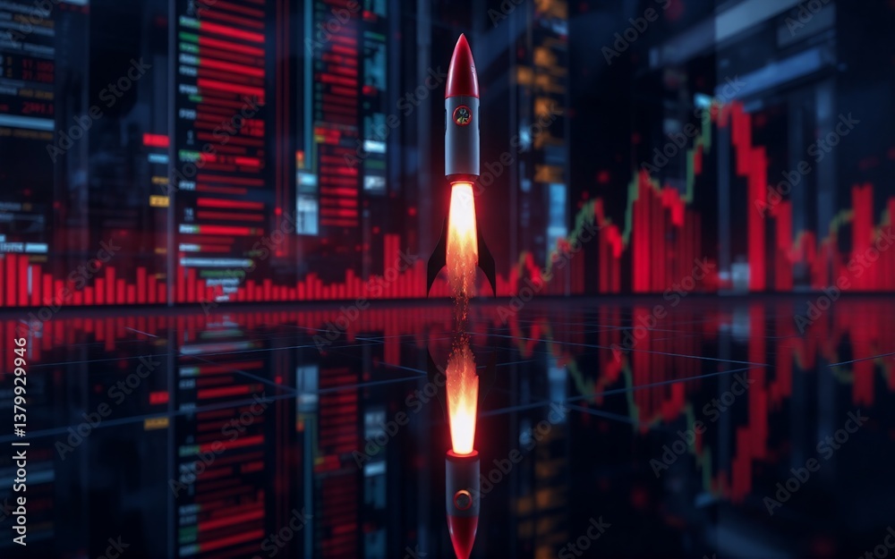 Poster The image depicts a rocket taking off in front of a financial backdrop, reflecting in a dark surface. The vibrant red color scheme gives a sense of urgency and upward movement, mirroring the potential