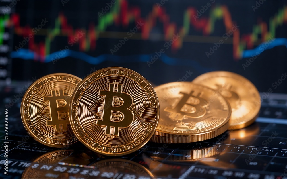 Aufkleber four gold coins of a cryptocurrency stand before a graph displaying a fluctuating market, showing a 