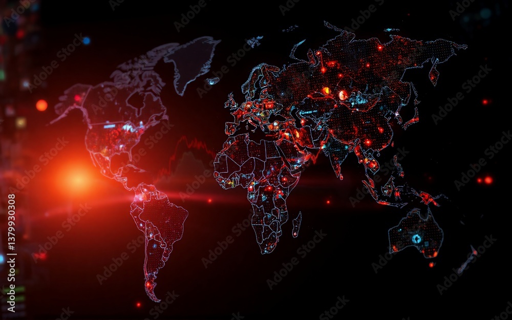 Aufkleber a digital illustration depicts a global map, emphasized by vibrant red and cyan dots. the map shows 