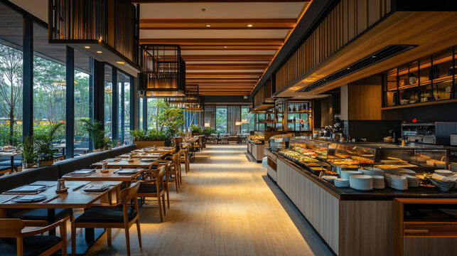 Luxury hotel breakfast buffet interior with wide variety of gourmet dishes in elegant glass displays, surrounded by contemporary design, warm lighting, and lush garden views through tall windows