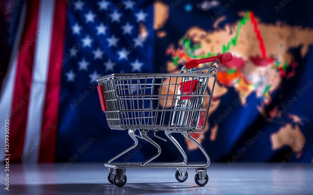 Aufkleber This image features a shopping cart with items set against a backdrop of a world map and an American flag, symbolizing trade and global connections. The cart contains the items related to trade.