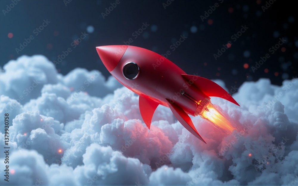 Poster a bright red rocket blasts off. the vehicle is above a field of clouds at night. hints of smoke trai