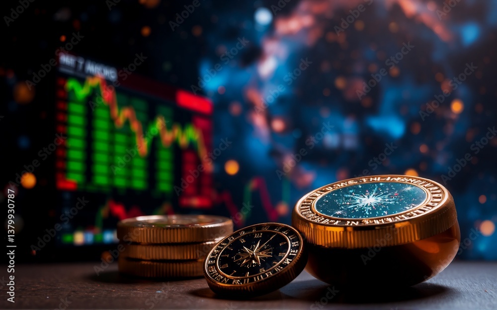 Leinwandbilder **Image Description:**
Financial data visualization features a backdrop of a chart with fluctuating values. Shiny gold coins, positioned prominently, represent wealth. The overall composition aims to 