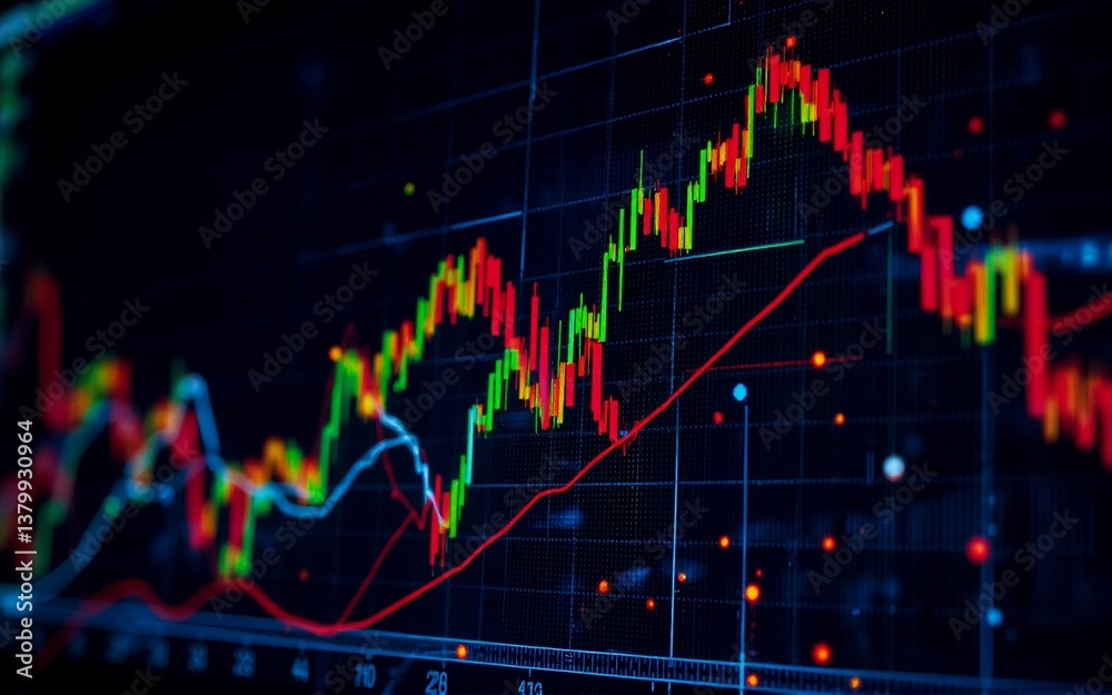 Leinwandbilder The image shows an abstract financial graph, hinting at market fluctuations. A complex pattern of colorful lines represents data, suggesting investment, trends, and analysis. The dark background adds 
