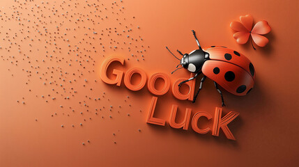 Fototapeta premium Ladybug with Good Luck Text and Clover on Orange Background