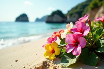 Close-up shot of colorful coastal flowers blooming on the sandy shore,  sea breeze,  close-up