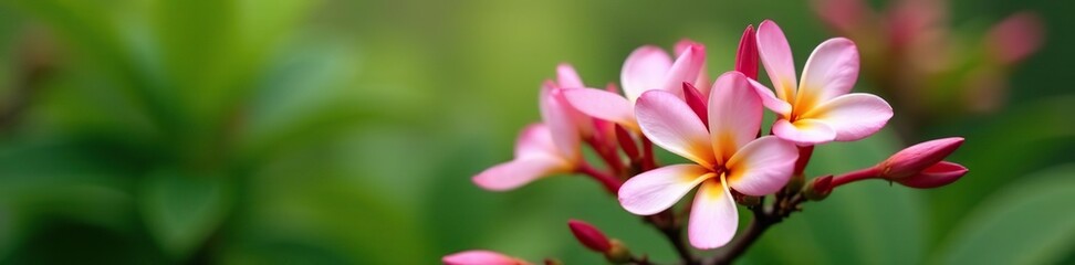 Fototapeta premium Close-up shot of delicate pink plumeria flowers blooming on a lush green tree branch, serene, spring