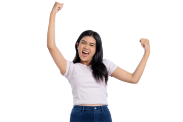 Excited young Asian woman celebrating victory with raised arms, showing success or achievement, isolated on transparent background
