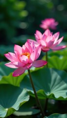 Close up shot of vibrant pink lotus flowers and water lilies in a serene pond setting,  water lilies,  aquatic plants