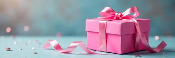 Obraz premium Single pink gift box with shiny ribbon and bow, reveal, box