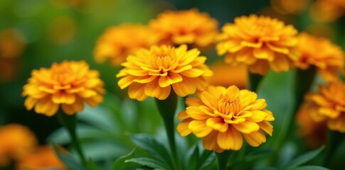 Fototapeta premium Close up view of blooming marigold flowers in bright yellow and deep orange hues with textured petals and lush green foliage creating a vibrant garden scene, garden scene, orange