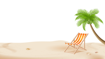 Summer sand beach with umbrella and coconut tree, PNG file transparent background 