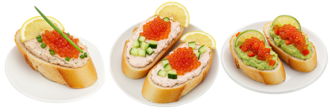 Trio of canapés topped with red caviar.