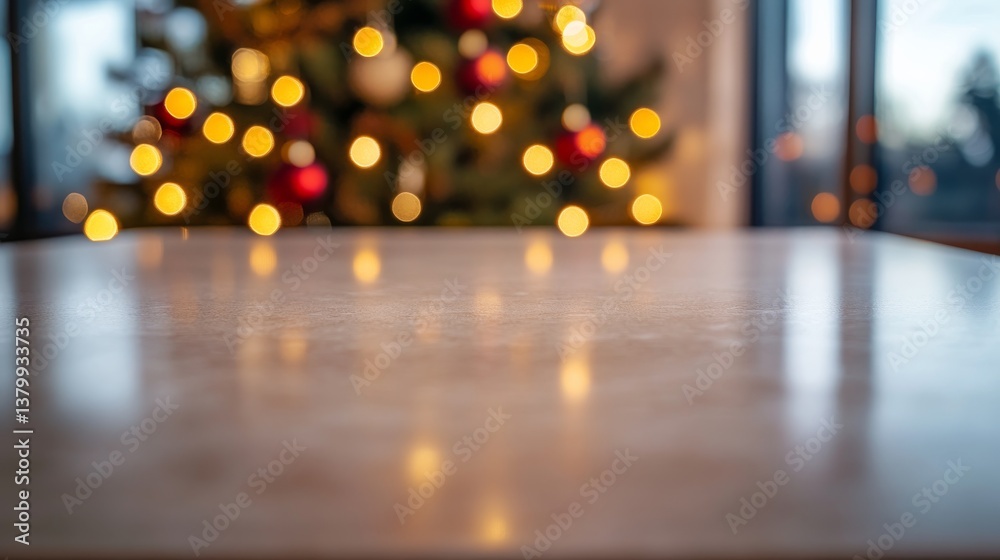 Poster a close-up shows a polished marble countertop with a glowing christmas tree draped in warm lights an