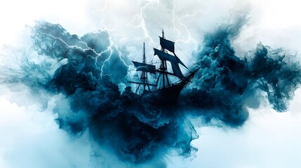 Fototapeta premium Vintage sailing ship silhouette in stormy seas digital art mystical dramatic