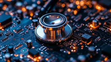 Stethoscope on a circuit board. Tech health check concept, diagnostic, system analysis