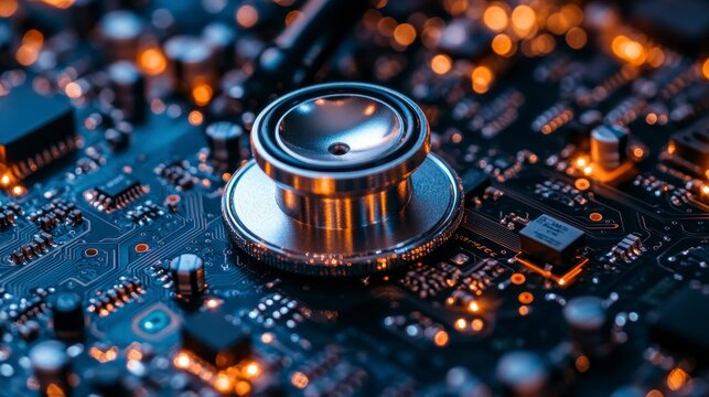 Stethoscope on a circuit board. Tech health check concept, diagnostic, system analysis