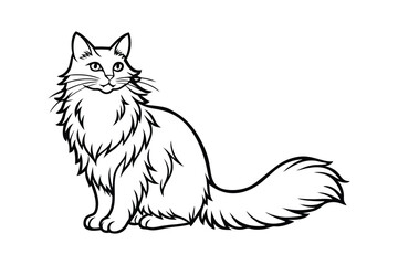 Line art vector illustration of a Maine Coon cat sitting with its thick and bushy tail curled around its paws.eps