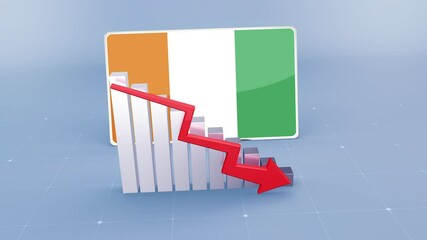 Ivory Coast Country Flag and Bar Chart Graph Showing Decreasing Values a Red Arrow Economic Crisis Concept. Flag of the Ivory Coast - Powered by Adobe