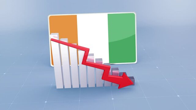 Ivory Coast Country Flag and Bar Chart Graph Showing Decreasing Values a Red Arrow Economic Crisis Concept. Flag of the Ivory Coast