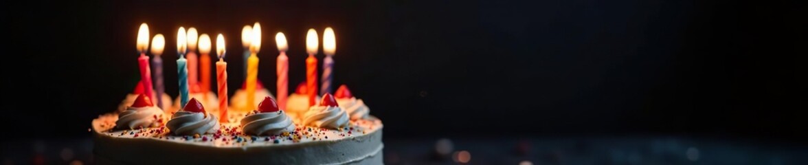 Colorful and vibrant birthday candles glowing on a delicious cake against a striking black background,  black background,  colorful