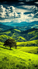Obraz premium Vibrant Landscape with Tree: Panoramic view of a serene and vibrant landscape, featuring rolling green hills, a lone tree in the foreground, and distant mountain ranges under a dramatic, cloudy sky.