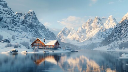 Stunning Winter Chalet nestled beside a tranquil lake amidst majestic snow capped mountains