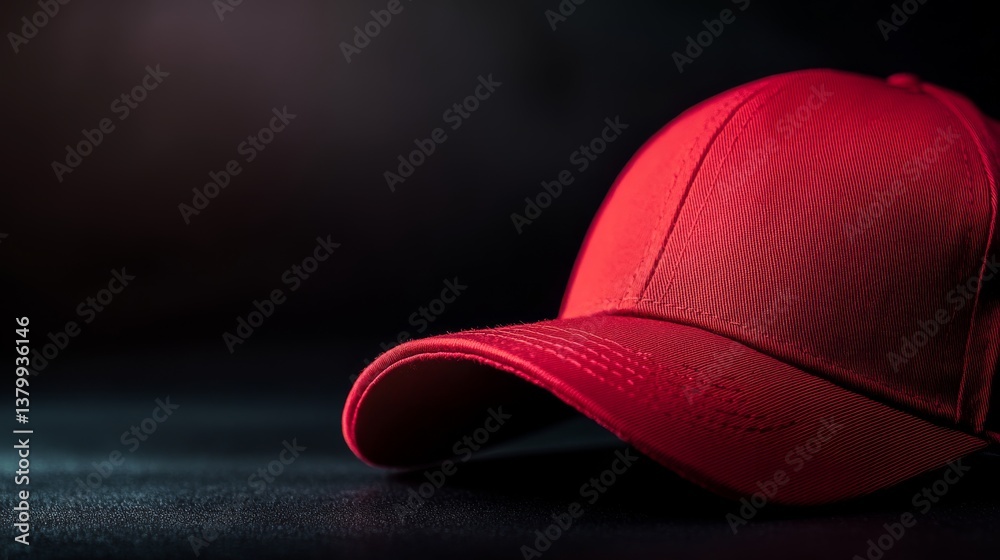 Poster a red baseball cap stands out against a dark background, illuminated by soft lighting that enhances 