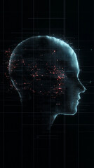 Obraz premium Mindscape of Innovation: A digital illustration of a human head profile against a grid background, depicting intricate neural pathways and sparking thoughts, evoking the concepts of thought.
