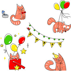 Festive cat with balloons, gift, funny garland, different moods. Cat cautiously looking out of the box. Funny stickers with a cat