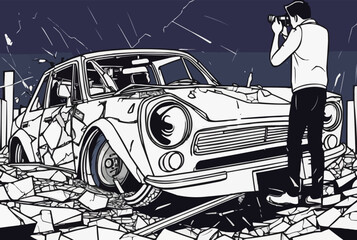 A Journalist taking photograph of a broken car in an accident