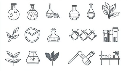 A collection of scientific and botanical line art icons on a white background in a vector style