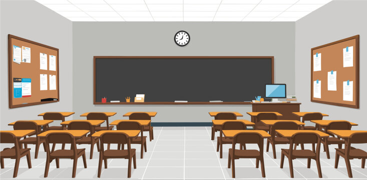 Modern classroom interior with furniture and blackboard. Flat colorful vector illustration