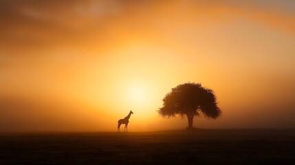 Golden sunrise over african landscape with giraffe silhouette