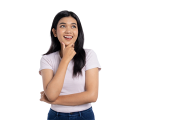 Thoughtful young Asian woman smiling and thinking, with hand on chin, isolated on transparent background