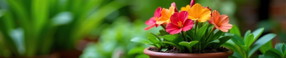Colorful freesia plant in a pot surrounded by vibrant greenery,  ornamental,  decoration