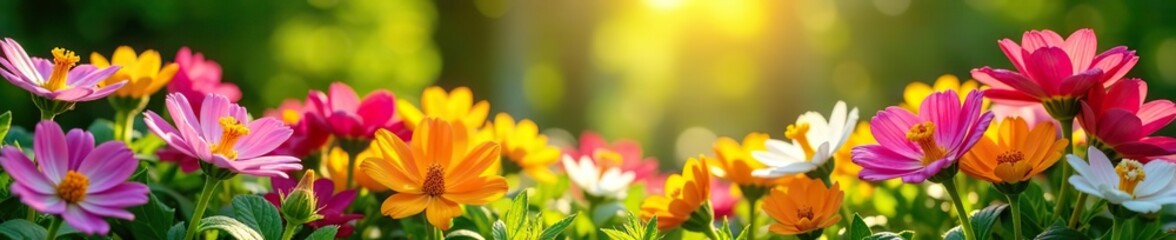Colorful garden blooming with vibrant flowers under the summer sun,  colorful,  serene