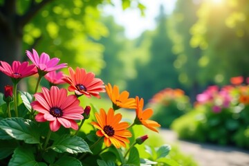 Colorful garden flowers and vibrant green plants blooming under the sunny sky,  botanical,  landscape