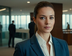 Business professional standing confidently in an office building
