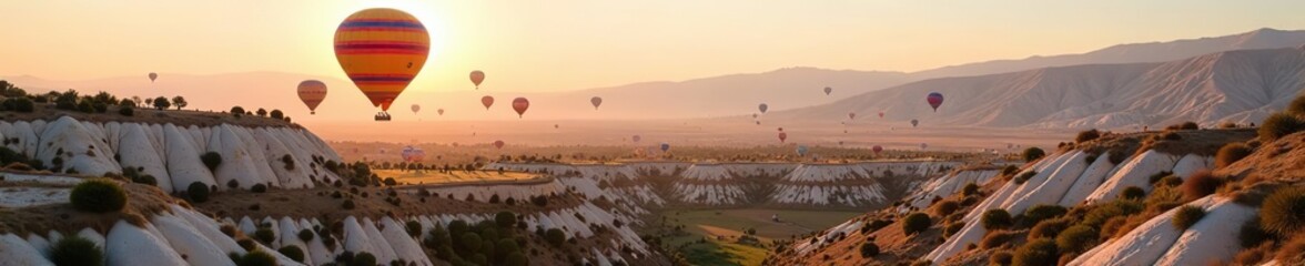 Colorful hot air balloons floating above breathtaking landscapes of Cappadocia, Turkey,  Destination,  Turkey