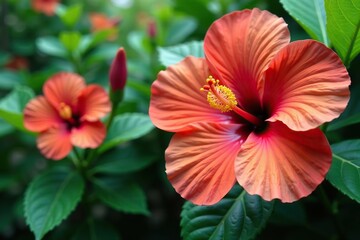 Colorful Hibiscus flowers blooming in lush greenery with tropical vibes,  colorful,  lush vegetation