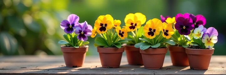 Colorful pansies flowers in small viola pots with a blurred background,  background,  botanical