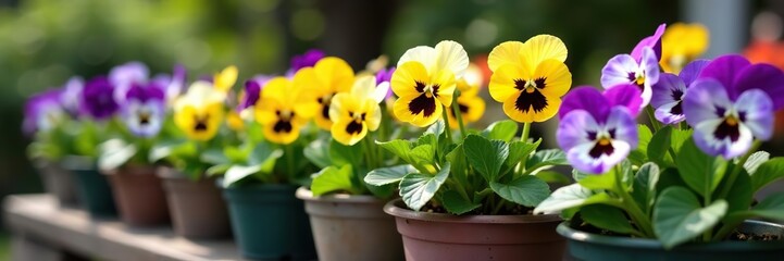 Colorful pansies flowers in various hues of purple, yellow, and white planted in viola pots against a blurred background,  vibrant,  floral
