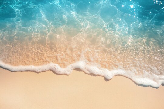 Aerial view of sandy shoreline with clear blue waves and sunlight - Powered by Adobe
